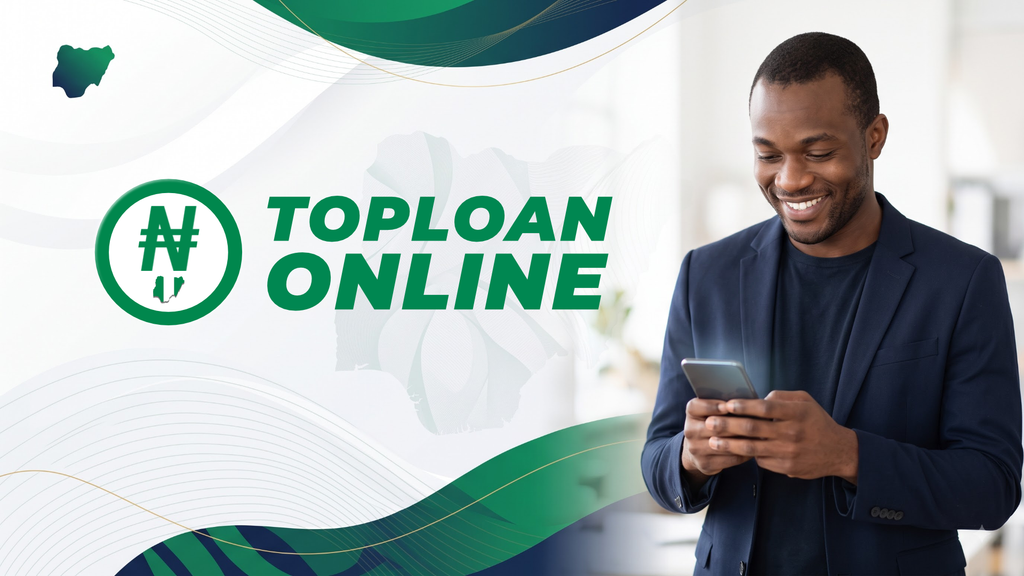 Toploan Online logo beside a smiling man checking a loan app on his phone