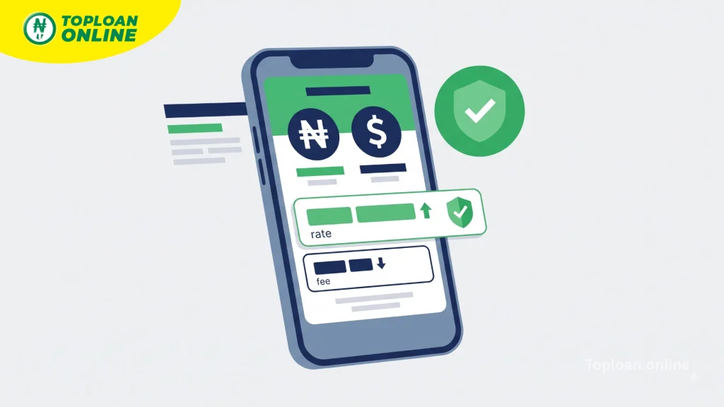 Smartphone showing a currency exchange screen with a naira to dollar conversion and a comparison of rates and fees